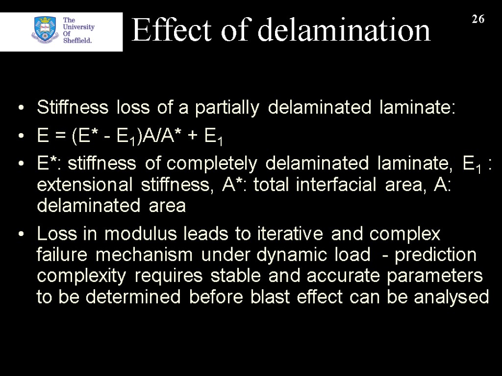 26 Effect of delamination Stiffness loss of a partially delaminated laminate: E = (E*